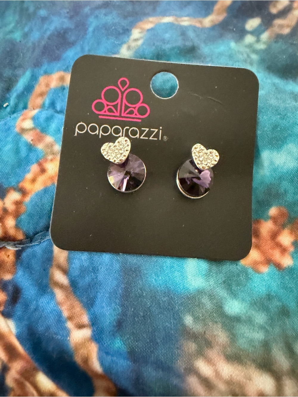 paparazzi Silver Heart and Purple Crystal Studs
